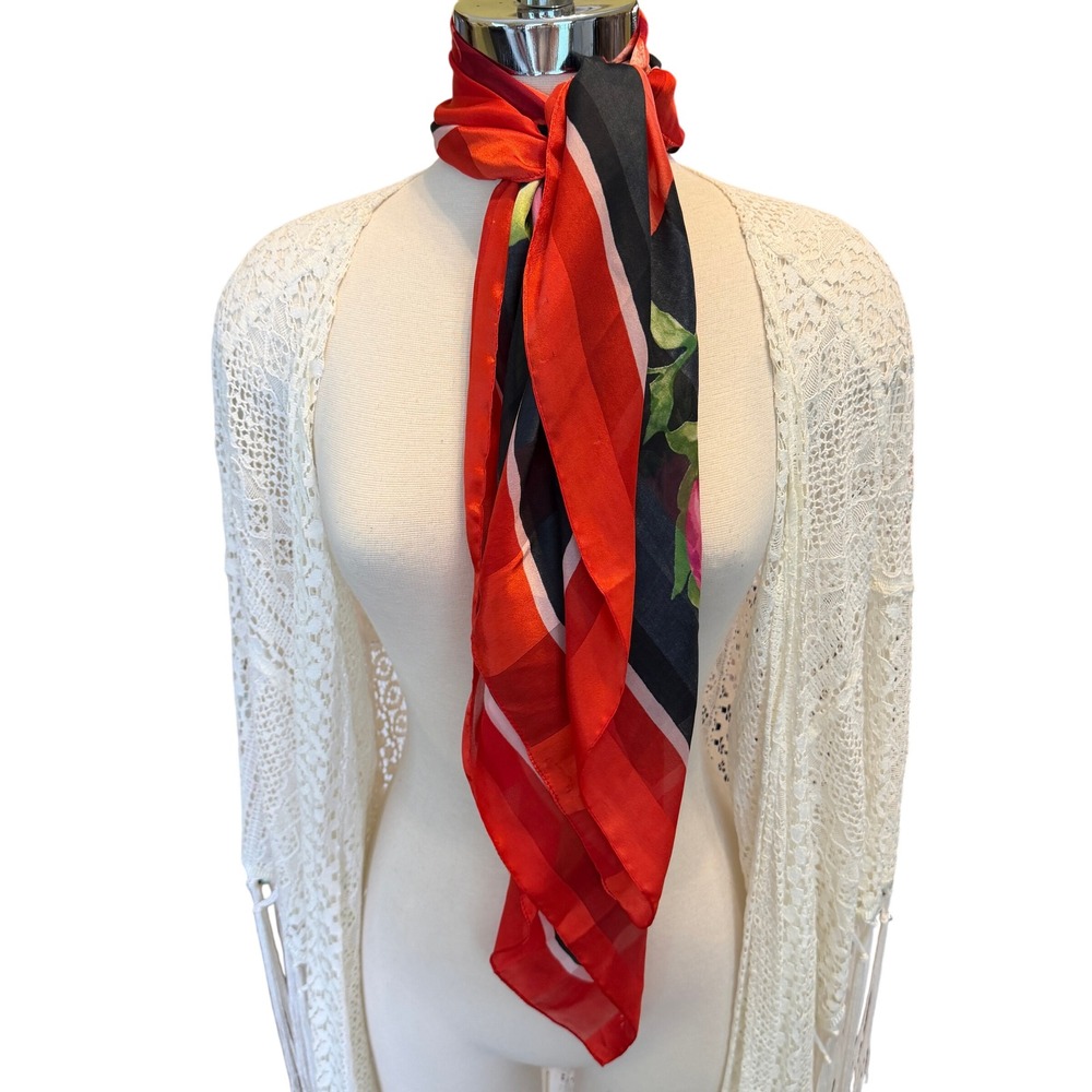 Vibrant Floral Peony Striped Square Scarf Red Black Pink 34.5 Inch